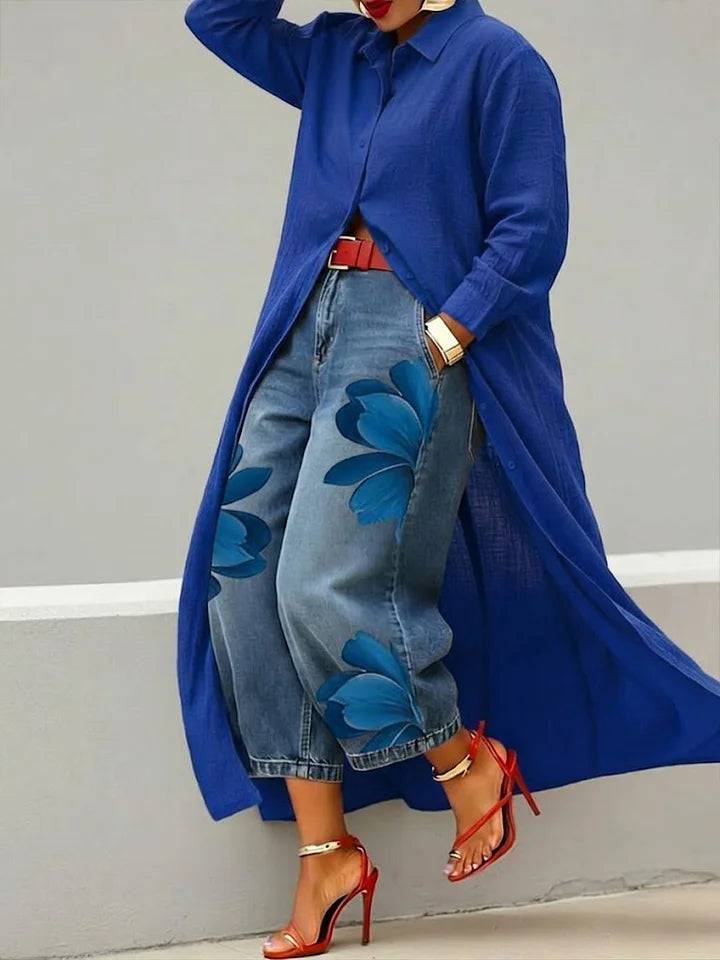 Tessa | Linen Shirt Dress and Floral Jeans