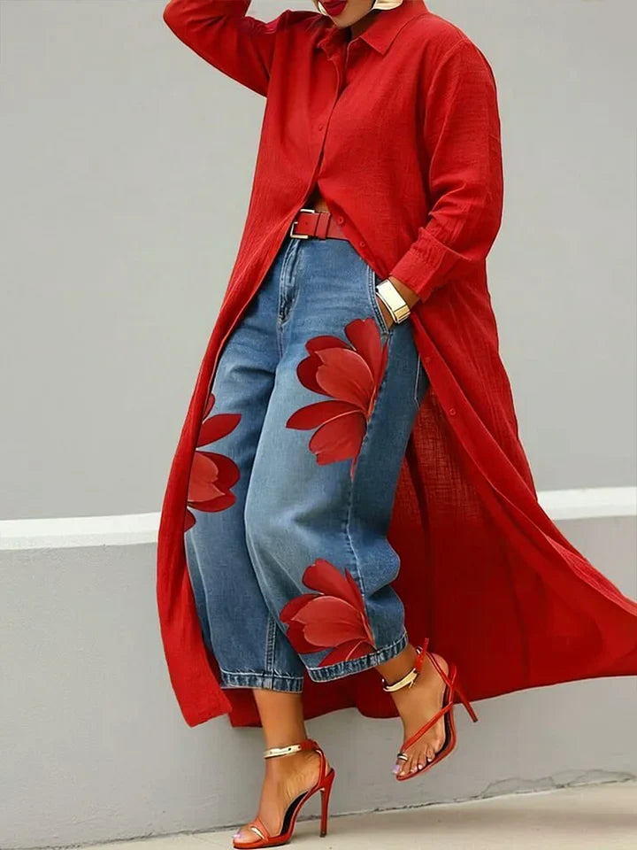 Tessa | Linen Shirt Dress and Floral Jeans