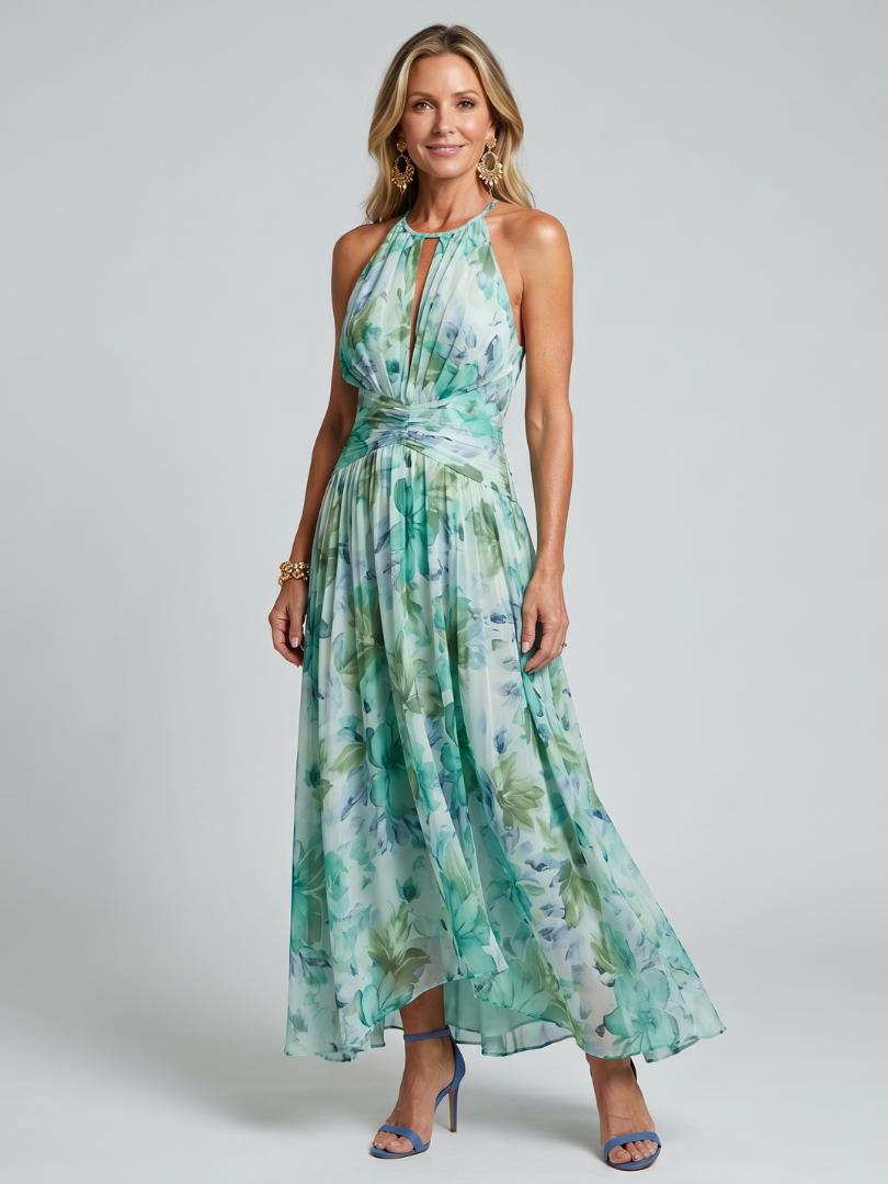Portia | Pleated Halter Soft Floral - Pattern Maxi Dress