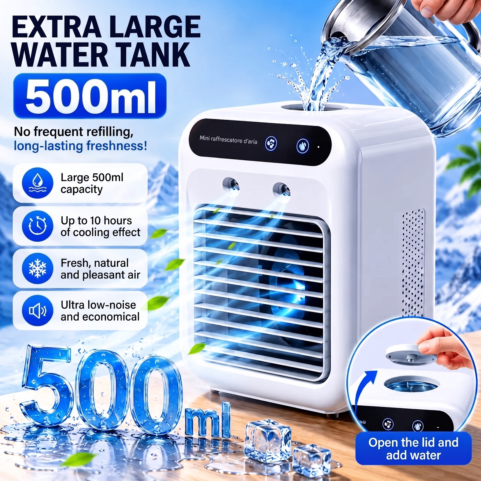 3-in-1 Portable Air Cooler 500ml Rechargeable