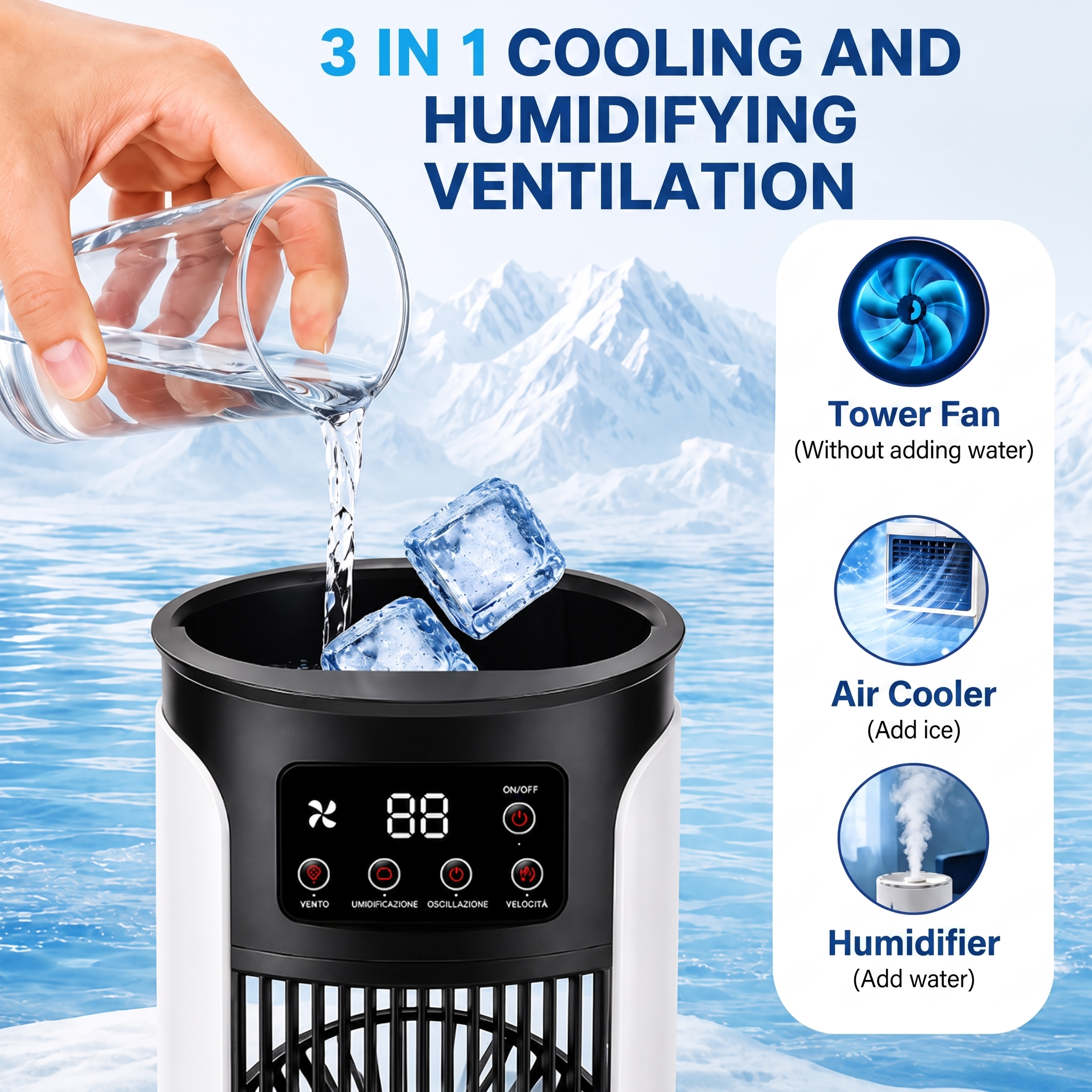 3-in-1 Portable Air Cooler with Misting and LED Lighting