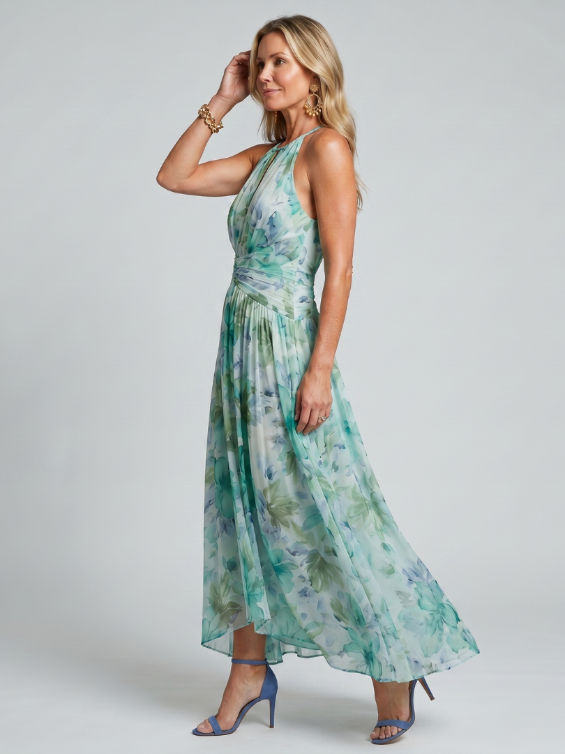 Portia | Pleated Halter Soft Floral - Pattern Maxi Dress