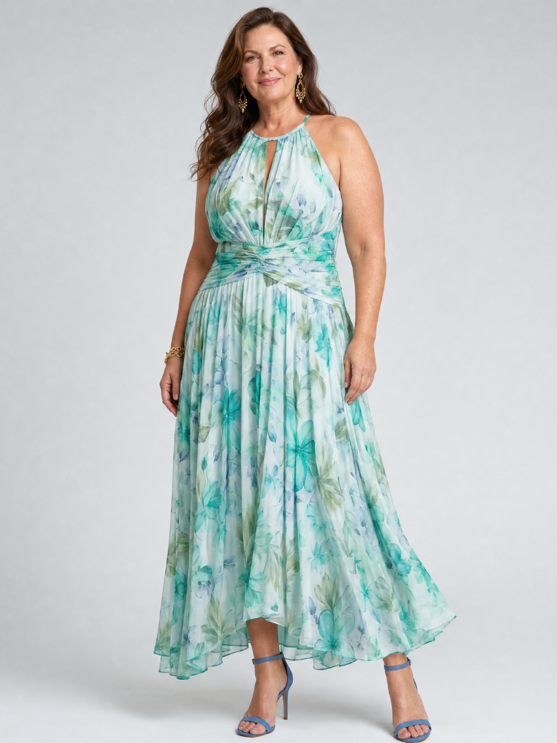 Portia | Pleated Halter Soft Floral - Pattern Maxi Dress