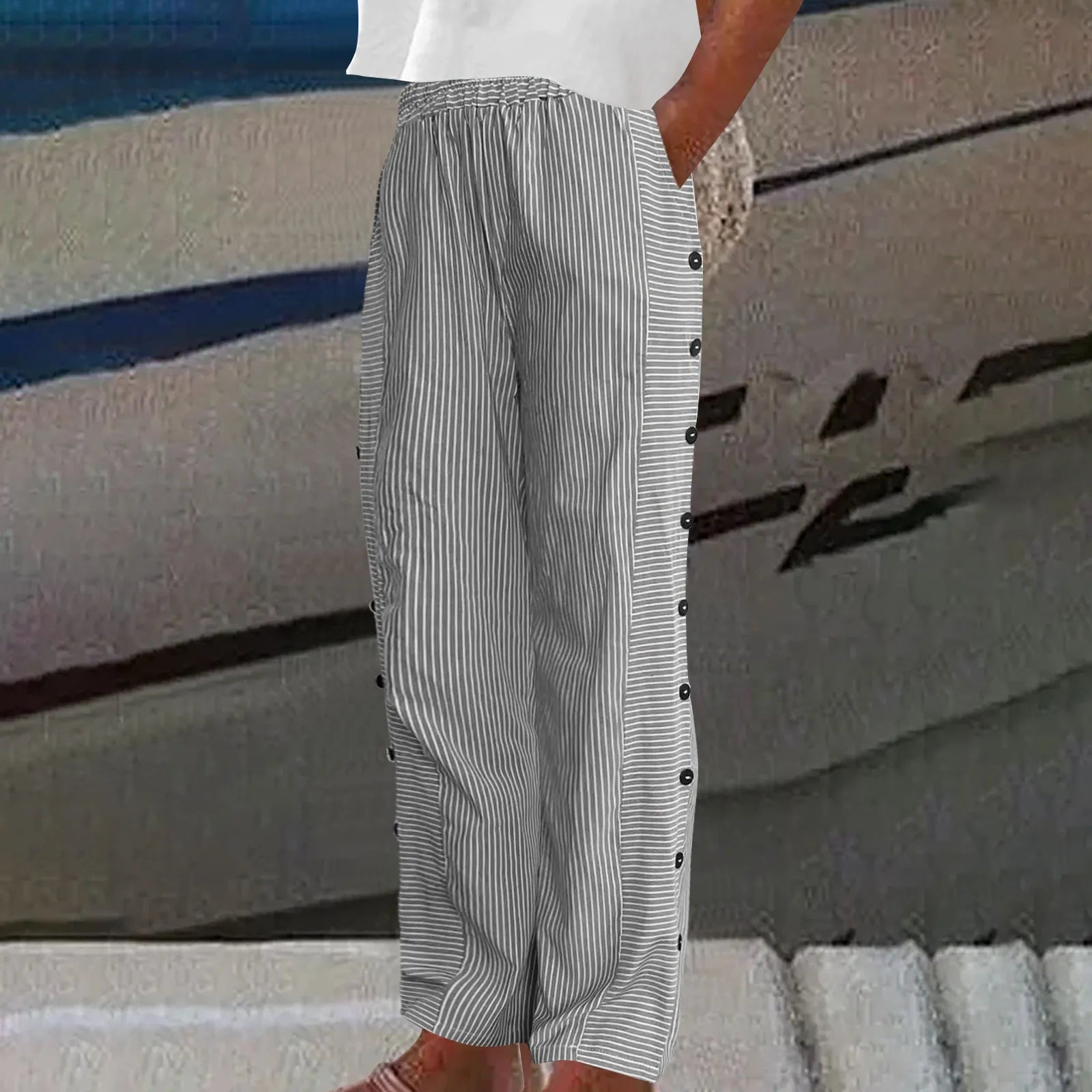 Sharon - Striped Seabreeze Button-Up Trousers