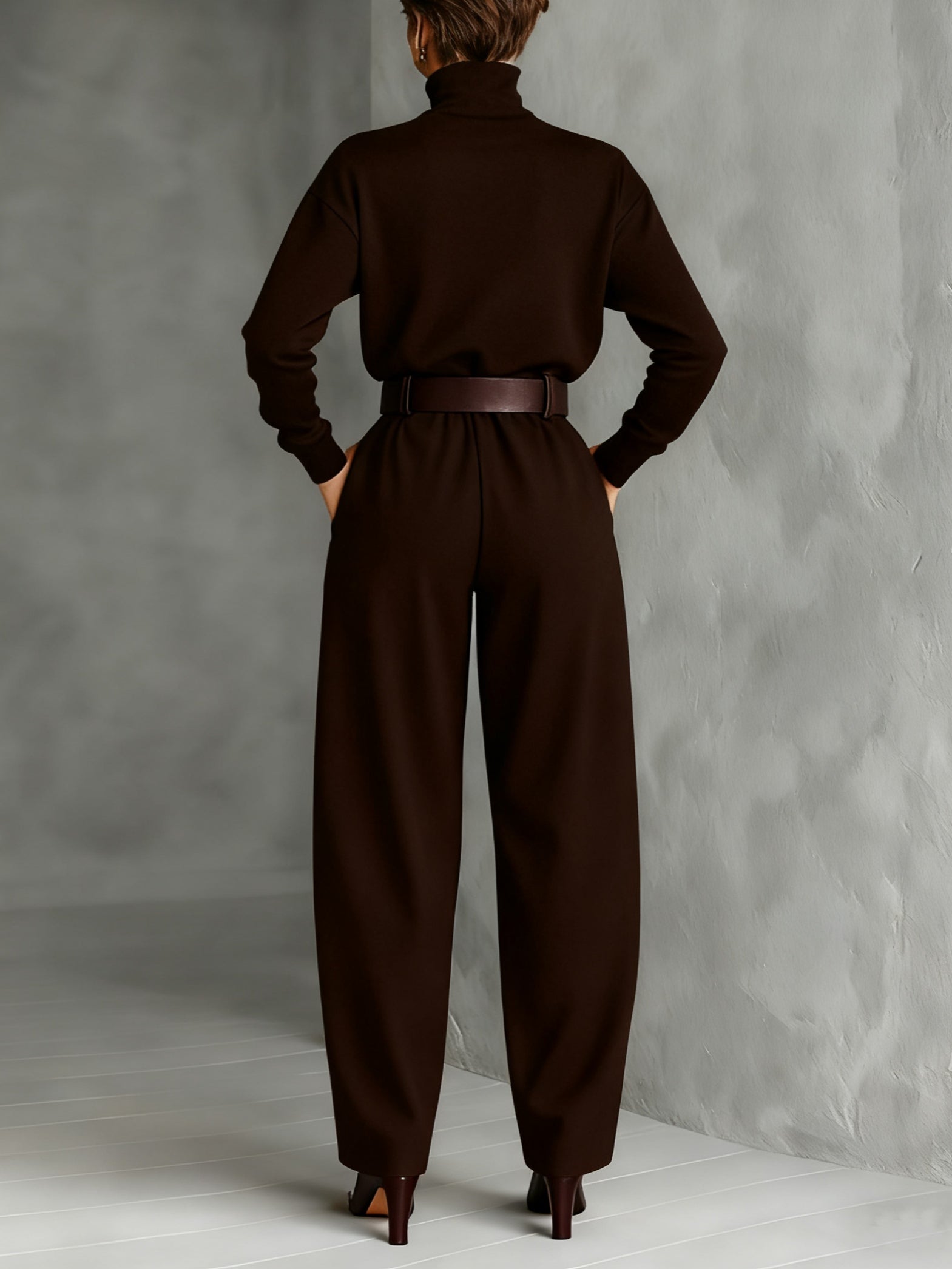 All-black Turtleneck Long-sleeved T-shirt And Straight-leg Pants Two-piece Set (including Belt)