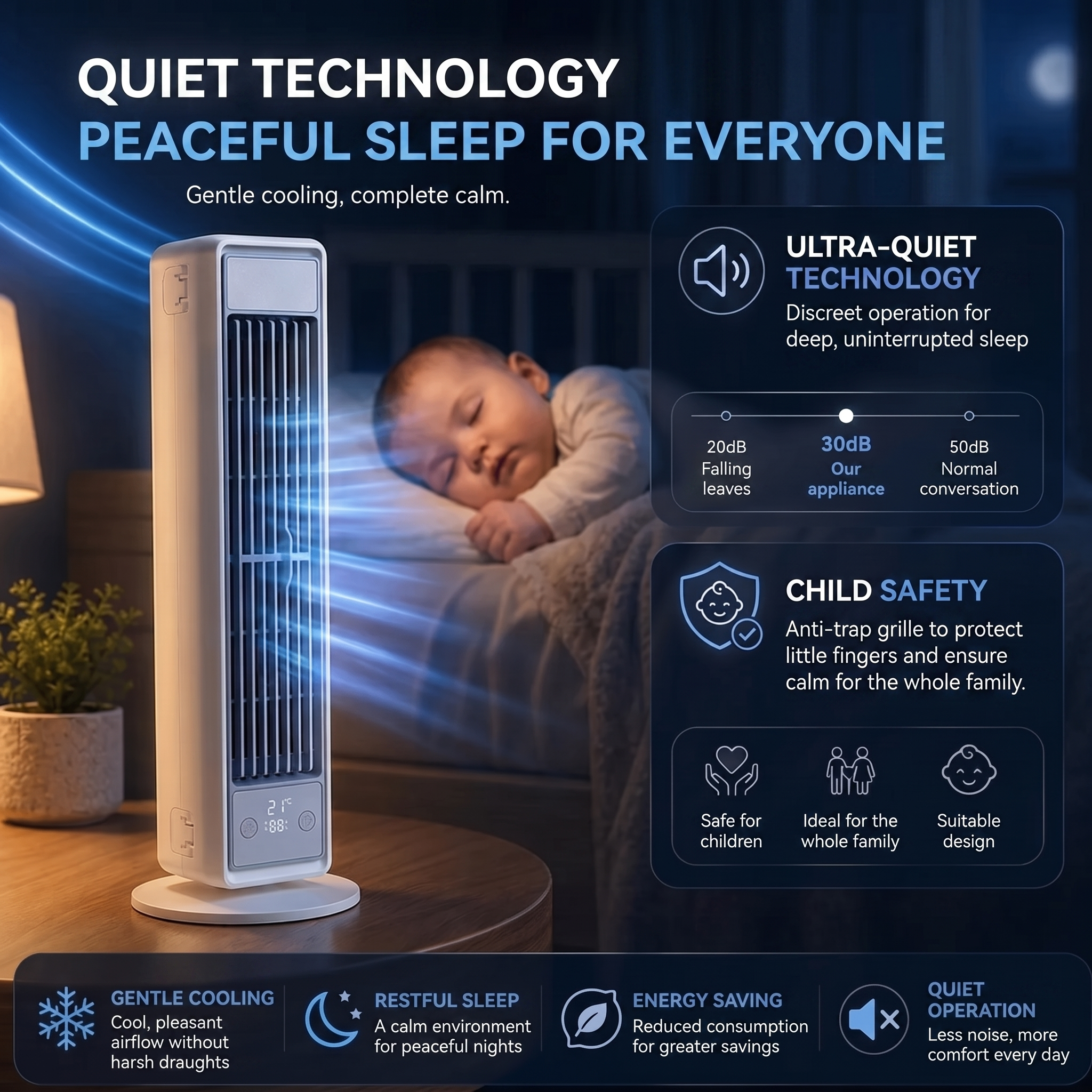 Bladeless Tower Fan With Multidirectional Ventilation