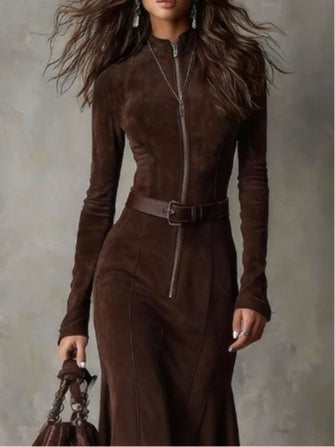 Brown Vintage Zipper Belted Midi Dress（Includes belt）