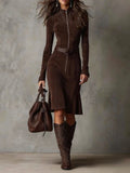Brown Vintage Zipper Belted Midi Dress（Includes belt）