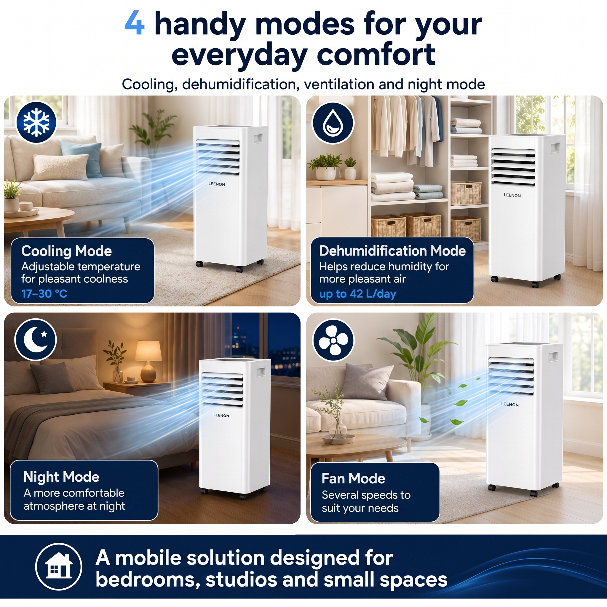 Portable 3-in-1 Air Conditioner 9000 BTU for Bedroom Office and Small Rooms
