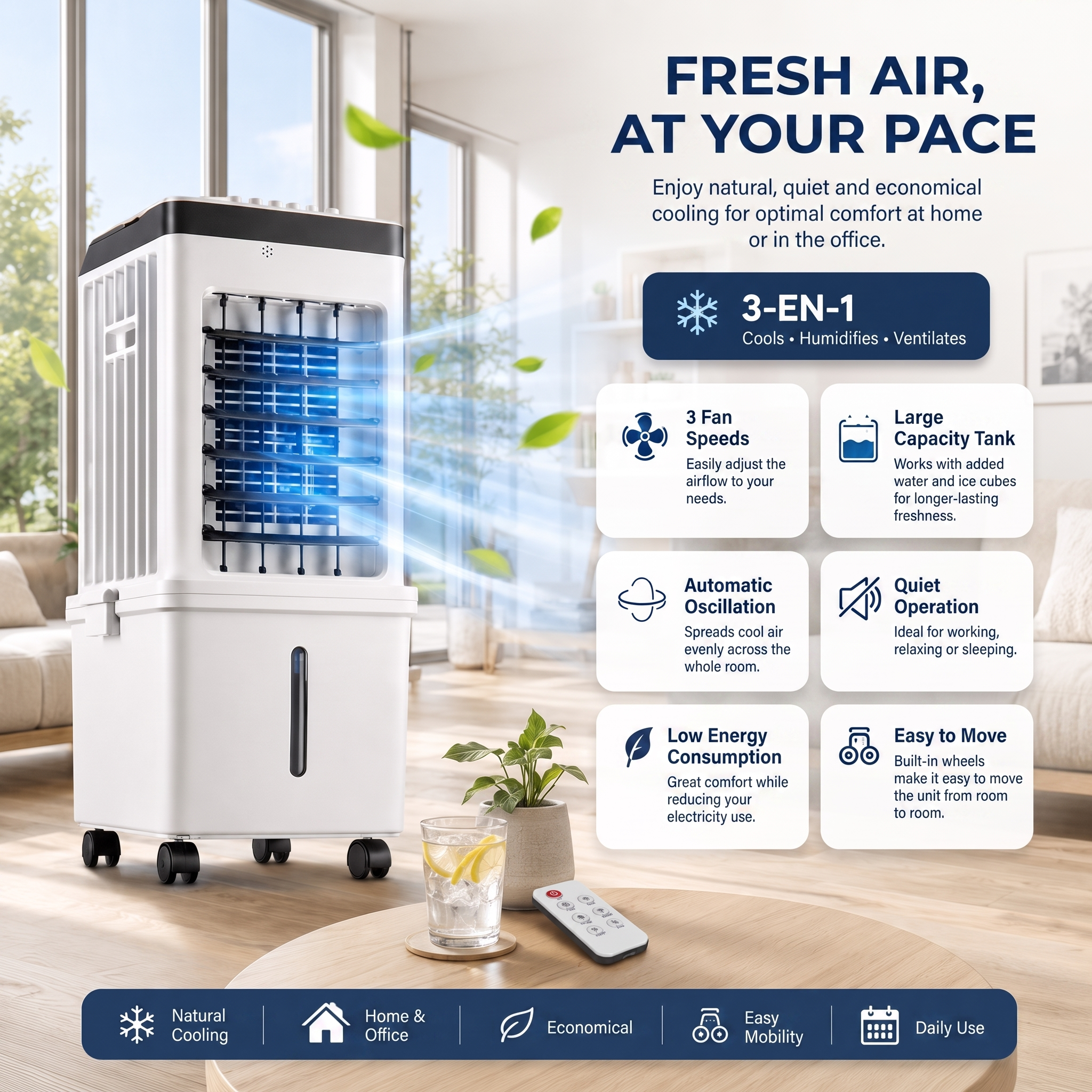 Portable 3-in-1 Air Cooler with Humidification Purification and Fan Function