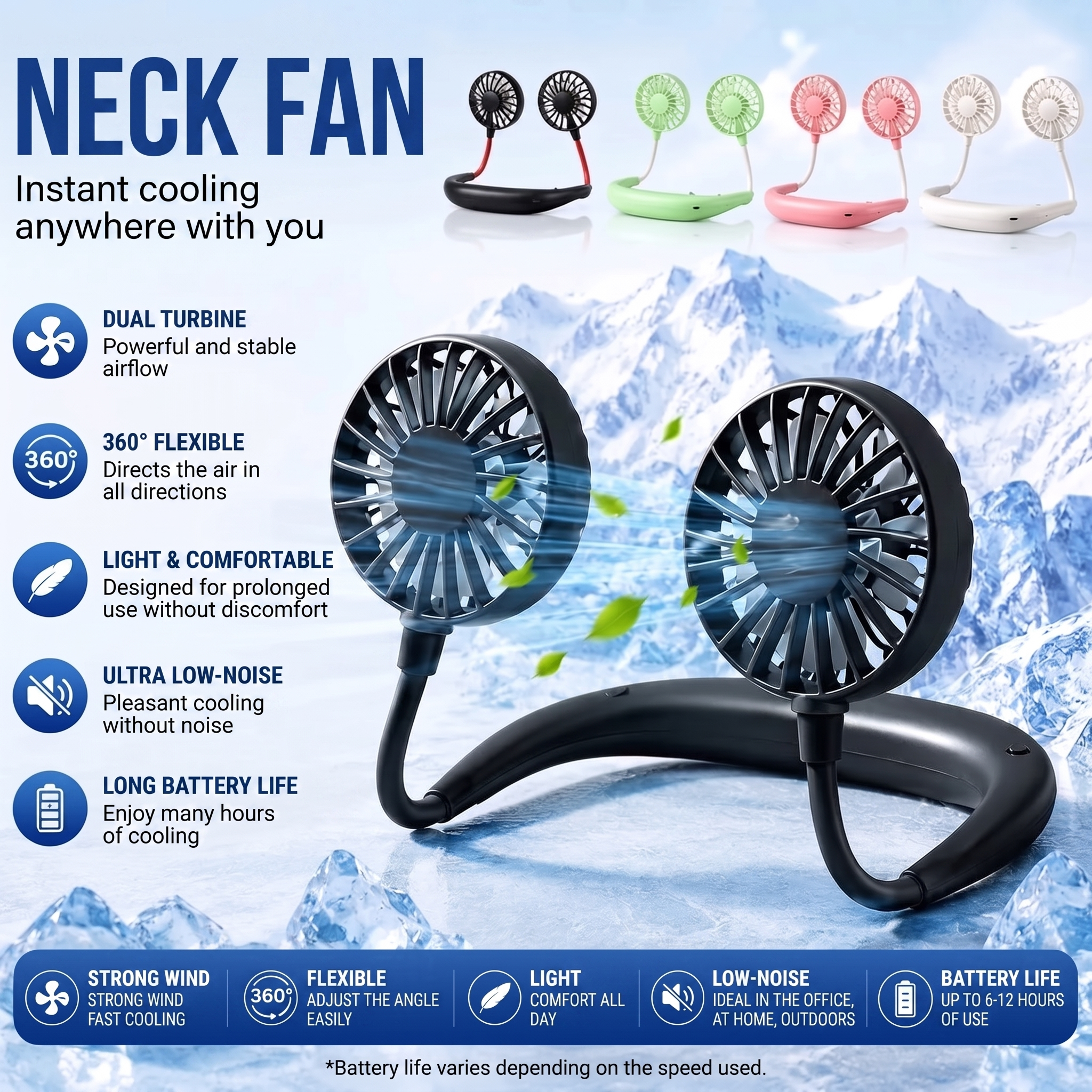Portable USB Rechargeable Neck Fan With 3 Speeds