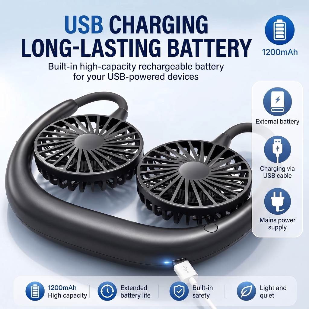 Portable USB Rechargeable Neck Fan With 3 Speeds