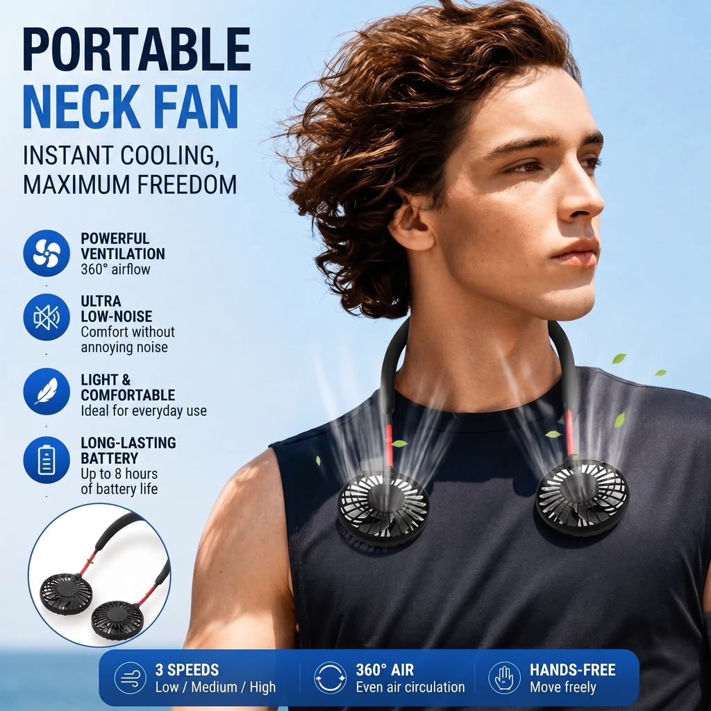 Portable USB Rechargeable Neck Fan With 3 Speeds