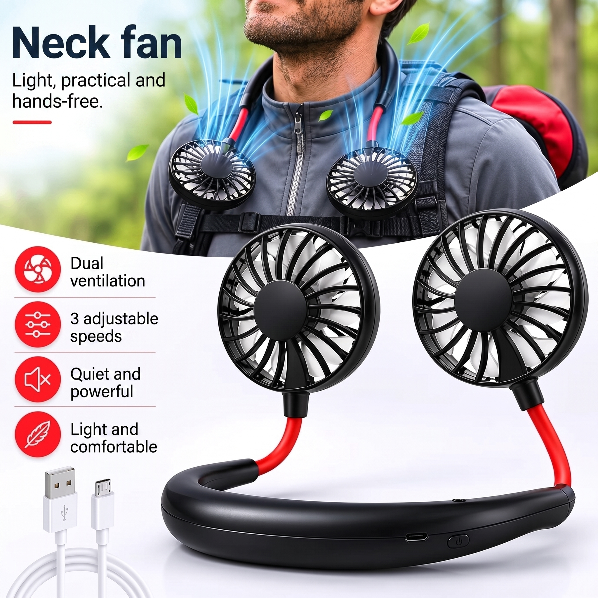 Portable USB Rechargeable Neck Fan With 3 Speeds