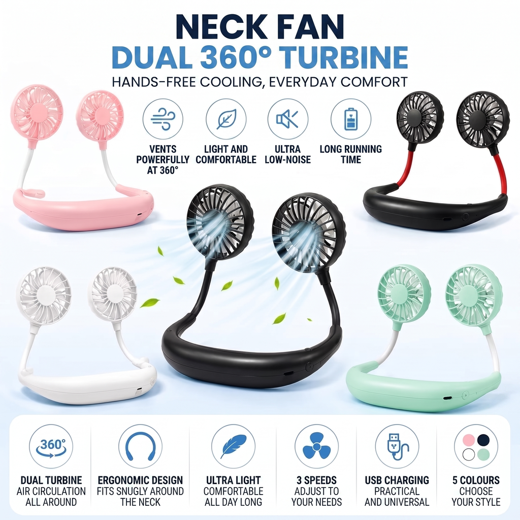 Portable USB Rechargeable Neck Fan With 3 Speeds