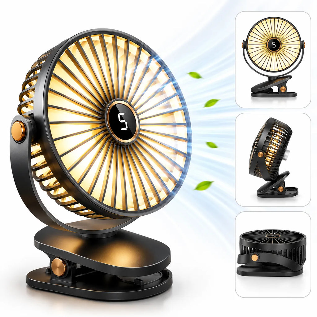 Rechargeable Portable Fan with Clip and LED Light