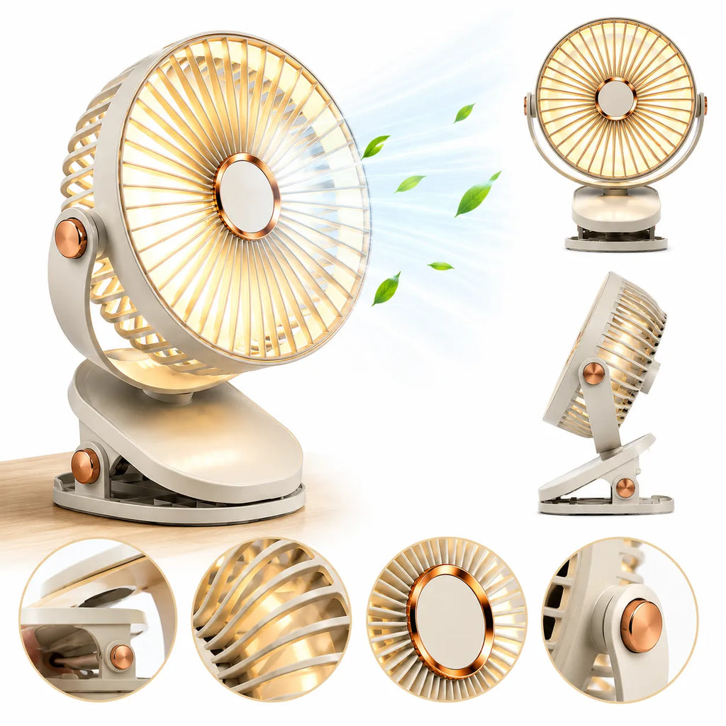 Rechargeable Portable Fan with Clip and LED Light