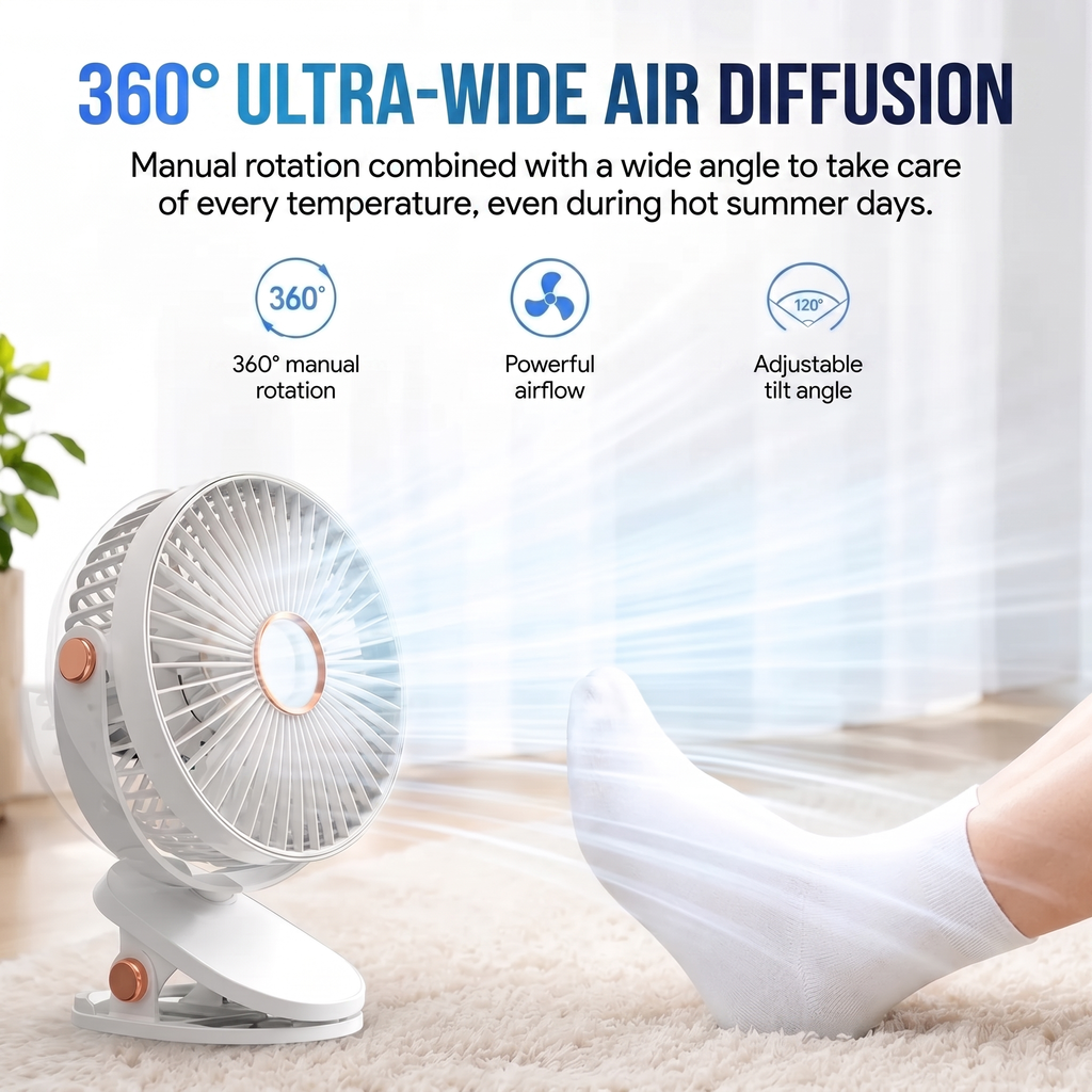 Rechargeable Portable Fan with Clip and LED Light