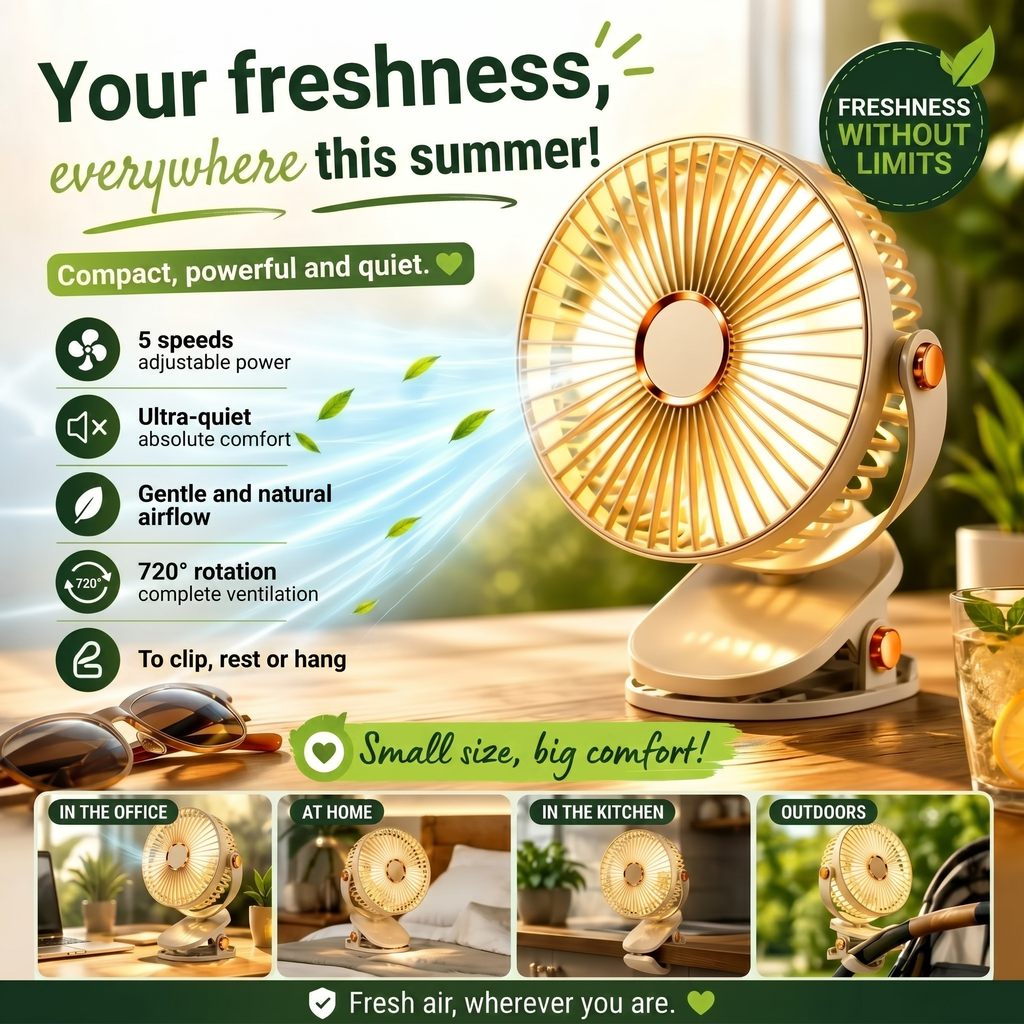 Rechargeable Portable Fan with Clip and LED Light