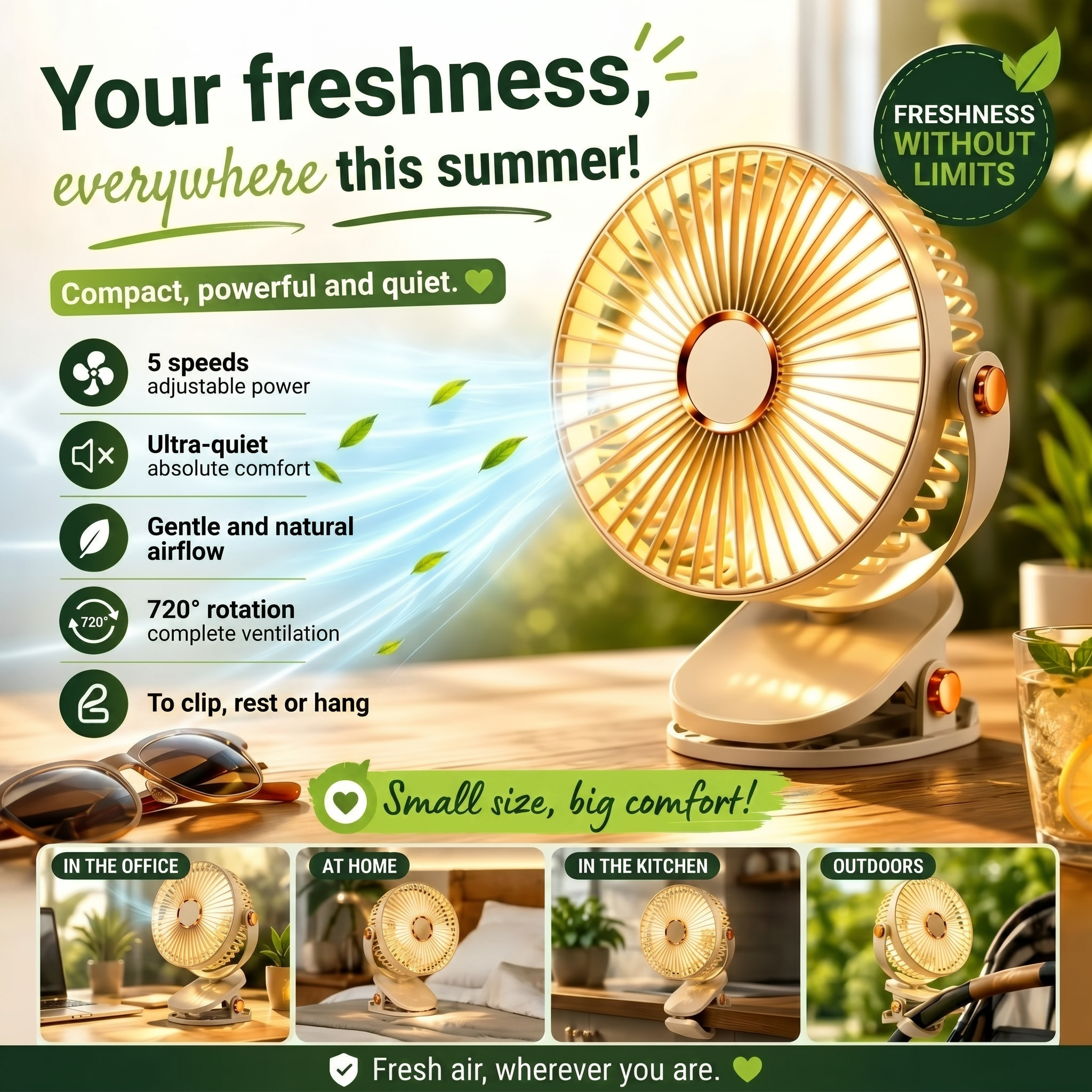 Rechargeable Portable Fan with Clip and LED Light