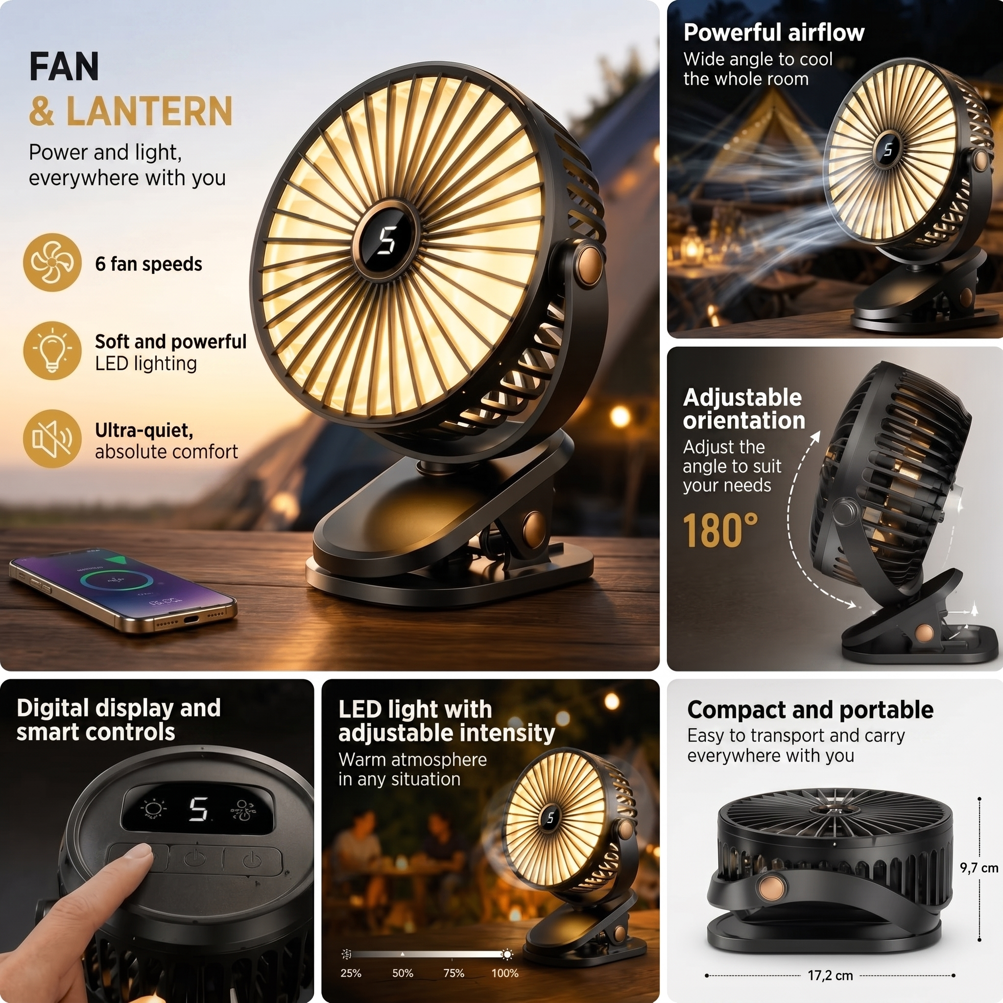 Rechargeable Portable Fan with Clip and LED Light