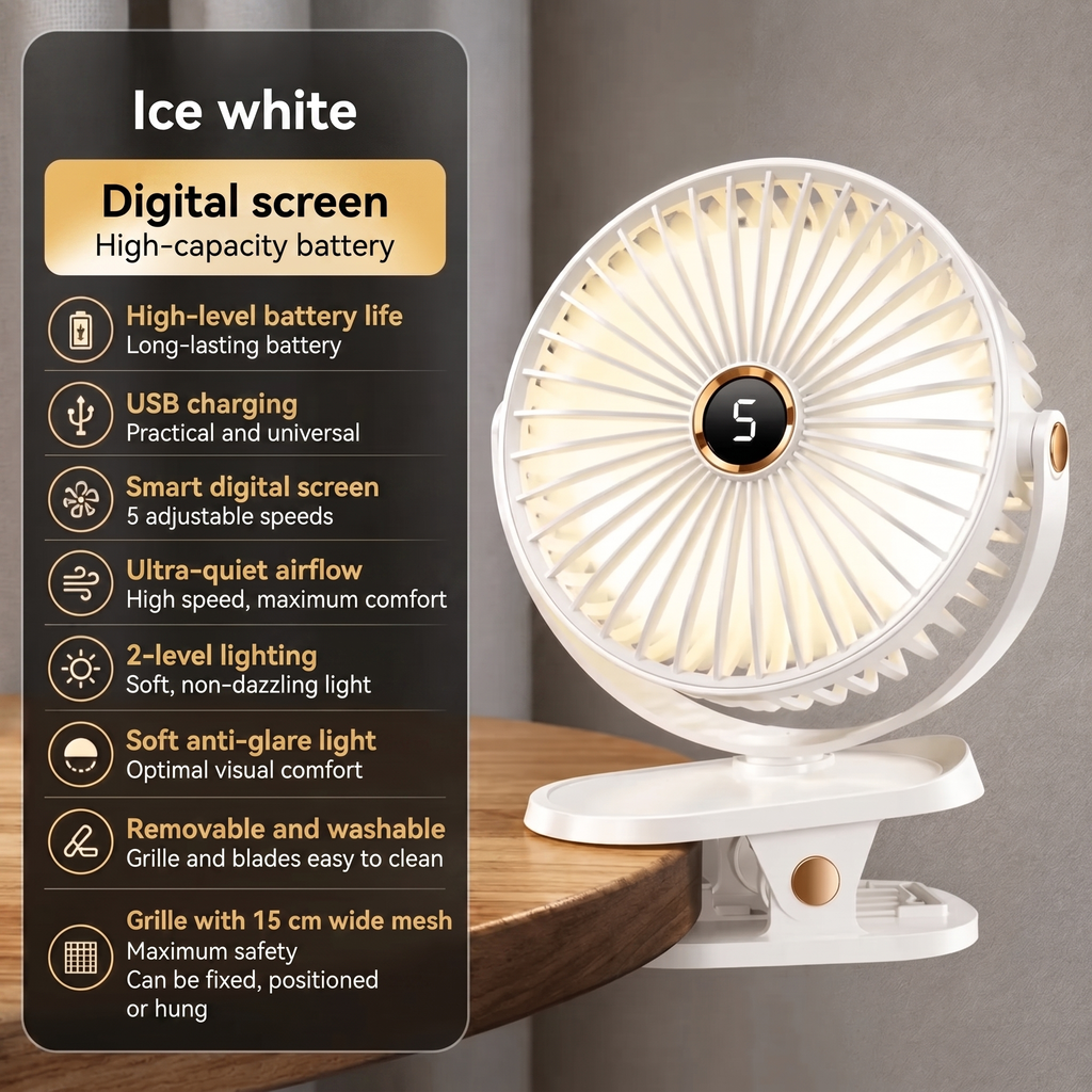 Rechargeable Portable Fan with Clip and LED Light