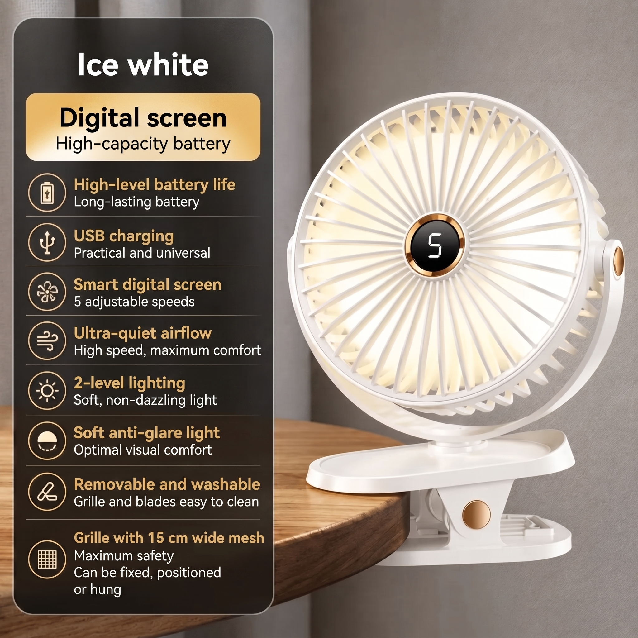 Rechargeable Portable Fan with Clip and LED Light