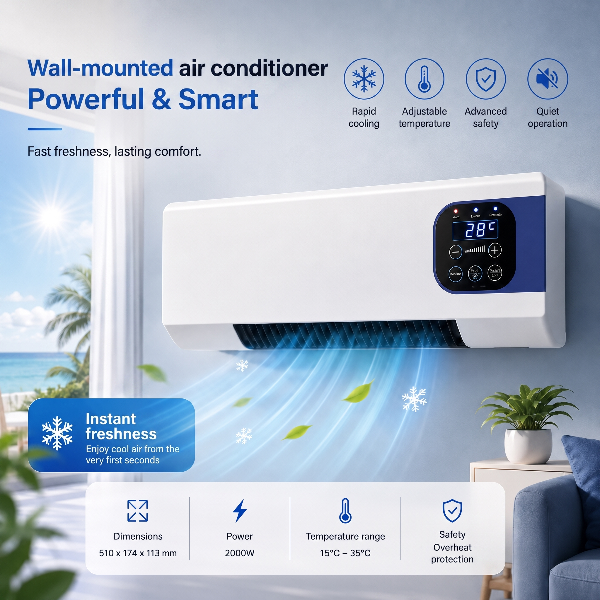 Wall Mounted Fan Heater 2000W with Remote Control